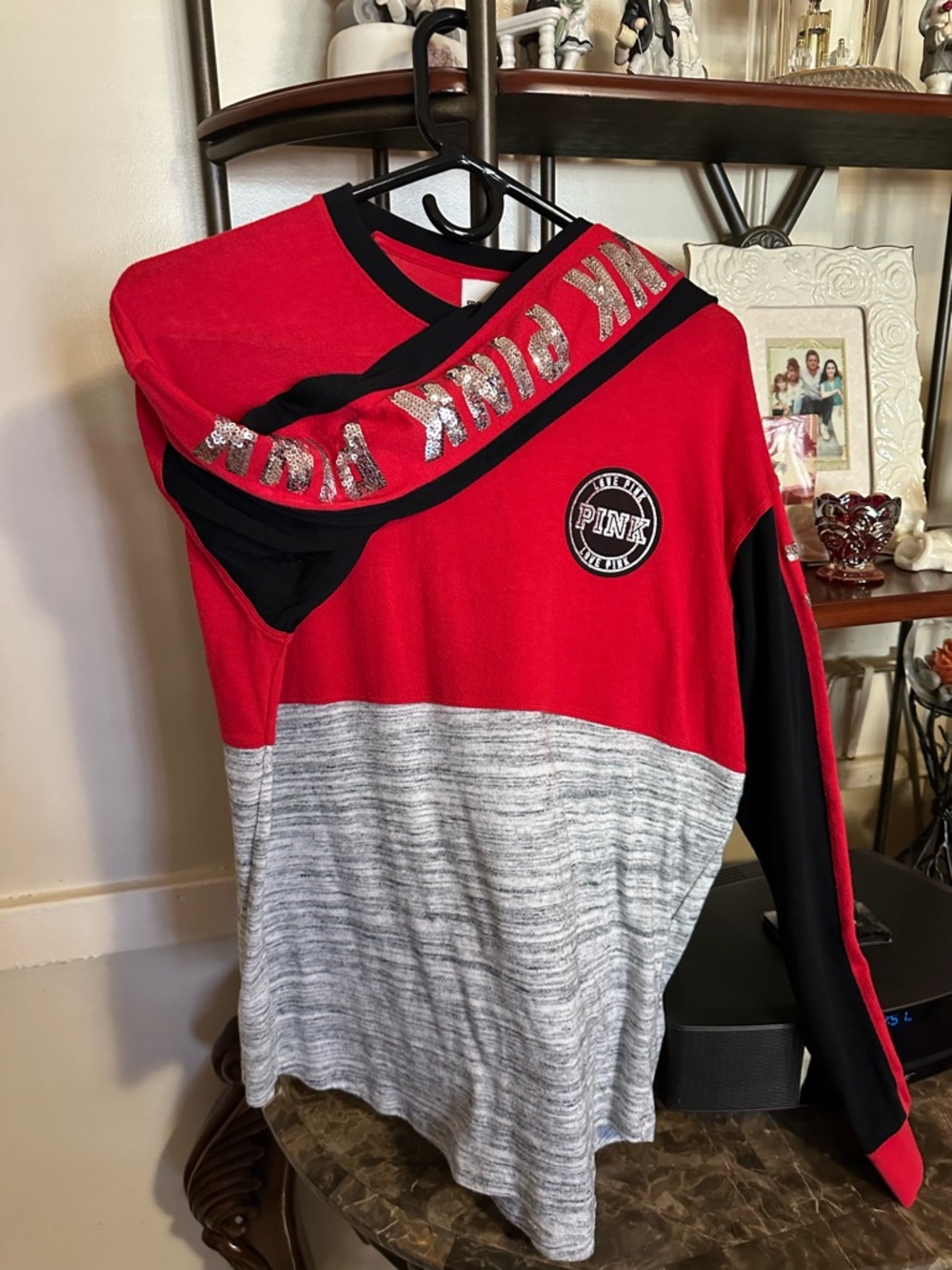 PINK Colorblock Long Sleeve Tee - Red, Black & Heather Gray